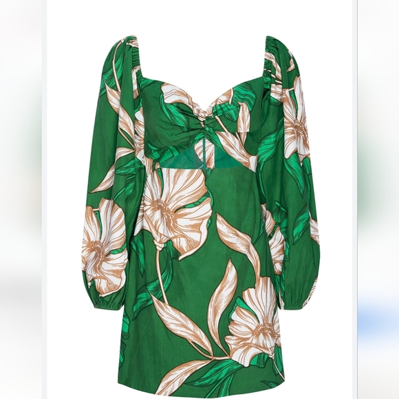 MISA Los Angeles Nina Puff Sleeve Green Floral Cutout Dress Size Small - Picture 10 of 11